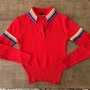 Topher Red Long Sleeve Polo Sweater with Multi-Color Stripe Collar